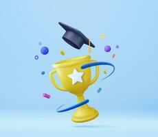 3d graduation hat and trophy. 3D graduation of university, college for student. education diploma for student award ceremony concept. 3d rendering. Vector illustration