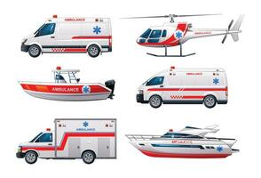 Set of ambulance emergency vehicles. Official emergency service vehicles side view vector illustration