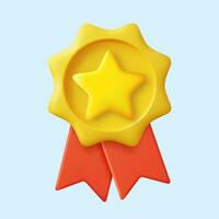 3d Winner medal with star and ribbon. Cartoon minimal style. Premium quality, quality guarantee symbol. 3d rendering Certificate Blank badge icon. Vector illustration