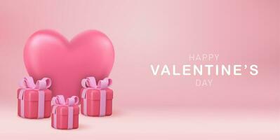 Valentine s day concept. Banner Greeting Card Big Heart Shape and Gift Box 3D Rendering. Love concept for happy mother s day, valentine s day, birthday day. Vector illustration