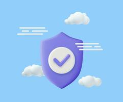 3dcomputing and storage security concept. glossy cloud icon protection shield isolated on blue background. 3d render . Vector illustration