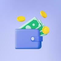 3d Cashback and money refund icon concept. Money wallet with green paper dollars and gold coins. Business financial investment. Vector illustration