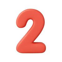3d Number 2. Two Number sign red color Isolated on white background. 3d rendering. Vector illustration