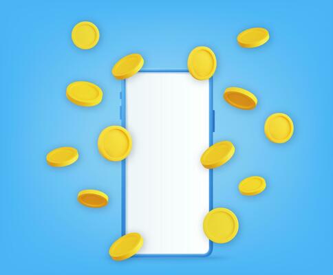3d render gold coins flying next to phone. Mobile smart phone with gold dollar coins explosion. Winner concept. Vector illustration