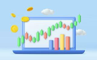 3d en línea valores comercio con ordenador portátil. cuaderno utilizando fondos negocio grafico en computadora con dinero moneda. inversión comercio en el valores mercado. 3d representación. vector ilustración