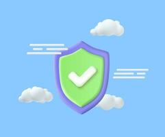 3dcomputing and storage security concept. glossy cloud icon protection shield isolated on blue background. 3d render . Vector illustration