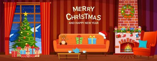 Christmas interior of the living room with a Christmas tree, gifts and a fireplace. Happy New Year Decoration. Merry Christmas Holiday. Vector illustration