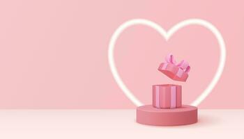 mock up Stage podium decorated with heart shape lighting and with open gift box. Background for birthday, anniversary, sale, wedding. Web banner. Valentine concept. Vector illustration