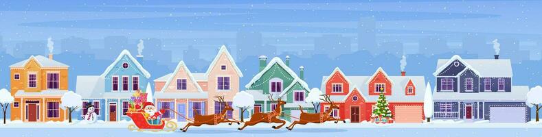 residencial casas con Navidad decoración a día. dibujos animados invierno paisaje calle con nieve en techos y fiesta guirnaldas, Navidad árbol, muñeco de nieve. Papa Noel claus con ciervos vector ilustración