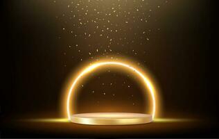 3d Golden podium under falling gold glitter isolated on dark background. Glowing neon golden circle with sparkles. Empty minimal ring art decoration. 3d rendering. Vector illustration