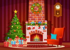 Christmas interior of the living room with a Christmas tree, gifts and a fireplace. Vector illustration