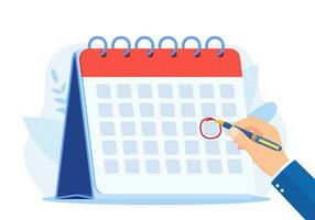 Calendar date circled of hand man. Circled appointment of calendar date of marker. Mark holiday on the calendar. Schedule of plan deadline. Vector illustration in flat style