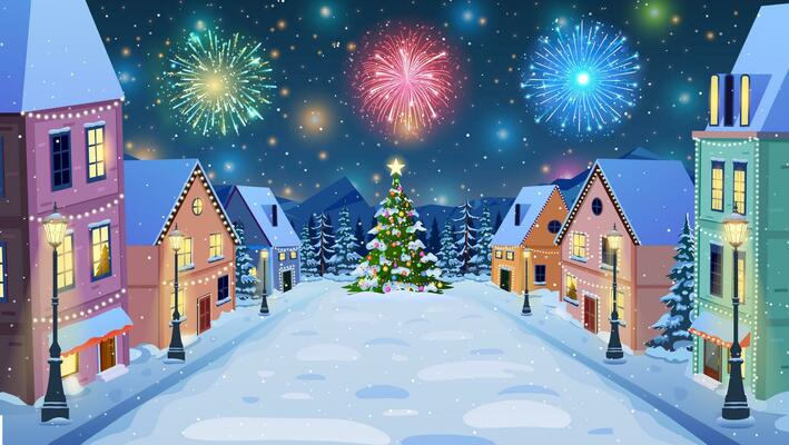 cartoon winter city street with soft street lights in the night in snow fall and christmas tree, fireworks. Merry Christmas and Happy New Year greeting card background poster. Vector illustration