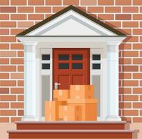 Delivery service concept. Parcel before front door. Safe contactless delivery to home to prevent the spread of the corona virus. Vector illustration in flat style