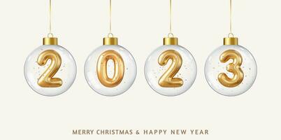 3d Christmas and New Year 2023 greeting card with balls,, ribbon, confetti. Golden number in glass bauble. Xmas Poster, banner, cover card, brochure flyer. 3d rendering. Vector illustration