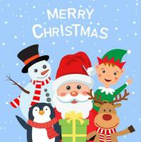 merry christmas and happy new year background and card, santa claus, reindeer, snowman, penguin cartoon cute. Vector illustration in flat style