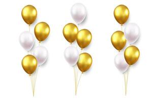 Set of festive gold, white balloons isolated on white background. Color glossy flying baloon, ribbon, birthday celebrate, surprise. 3d rendering. Vector illustration