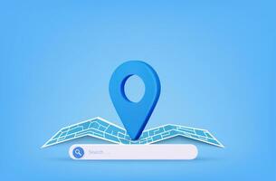 3d render pin pointer and Map location search GPS, travel navigation concept and or internet search bar technology. Paper map, banner, website. Vector illustration