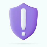 3d Security guard shield exclamation icon. concept for cyber safety protection. 3d rendering. Vector illustration