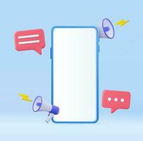 3d Phone screen and loudspeaker with speech bubble, megaphone with lightning, advertising and notification. Mock up display copy space. 3d rendering. Vector illustration