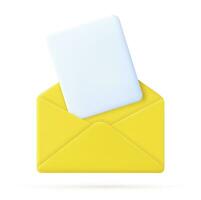 3d Render open mail Envelope with fly paper documents icon isolated on white background. . Read online message. Realistic symbol communication. Business news and invitations. Vector illustration