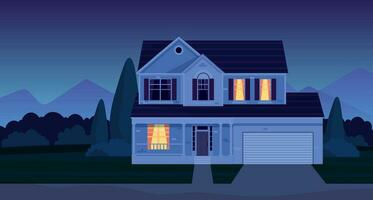 Street in suburb district with residential house at night. cartoon landscape with suburban cottage. City neighborhood with real estate property. Vector illustration in a flat style