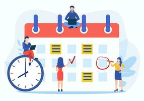 Planning schedule, business event and calendar concept. People with schedule, pen and notes organize meeting. Planning strategy and time management. Vector illustration in flat style