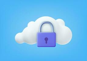 3d White fluffy cloud and locked padlock. Security concept. 3D rendering. Password protected icon for mobile applications and website concept. Vector illustration