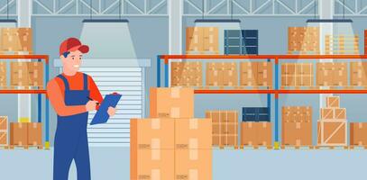 Warehouse interior with cardboard boxes on metal racks. Warehouse interior with goods, pallet trucks, Man with a list of goods. container package boxes. Vector illustration in flat style