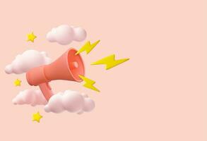 3d megaphone, loudspeaker with lightning with clouds and stars around.Marketing time concept. social media marketing symbol concept. 3d rendering. Vector illustration