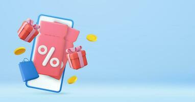 3D render price tag with percentage sign with floating coins. Shopping Discount offer icon, symbol. Price tag, gift tag, For profitable purchases. 3d rendering. Vector illustration