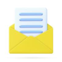 3d Render open mail Envelope with paper documents icon isolated on white background. . Read online message. Realistic symbol communication. Business news and invitations. Vector illustration