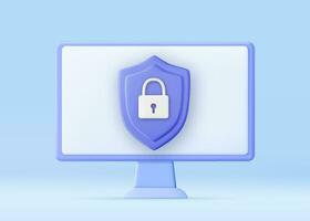 3D Cyber security technology concept. personal data protection. Data security protection. Header for website with laptop and protection shield. 3D rendering. Vector illustration