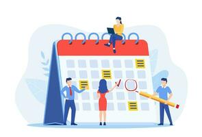 Planning schedule, business event and calendar concept. People with schedule, pen and notes organize meeting. Planning strategy and time management. Vector illustration in flat style