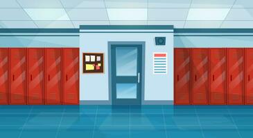 Empty School Corridor Interior With Row Of Lockers,closed door to classroom. Horizontal Banner. cartoon College campus hall or university lobby. Vector illustration in a flat style