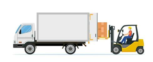 Forklift loading pallet boxes into truck. Electric uploader loading cardboard boxes in delivery car. Logistic shipping cargo. Storage equipment. Vector illustration in flat style