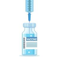 Bottle and syringe with blue vaccine injection from covid-19 virus. Covid-19 Coronavirus concept. Syringe for injection and vaccine bottles isolated icon. Vector illustration in a flat style