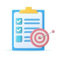 3d Clipboard, checklist symbol. Assignment target icon. Project task management and effective time planning tools. 3d rendering. Vector illustration