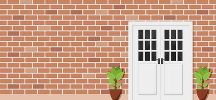 Wooden door of brick house front view, architecture background, building home real estate backdrop. Vector illustration in flat style