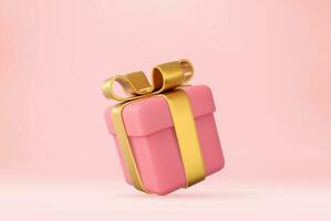 3d pink gifts box with golden ribbon. Holiday decoration presents. Festive gift surprise. 3d rendering. Vector illustration