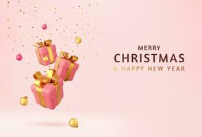 3d Merry Christmas and Happy New Year Background with gifts box. Golden Christmas baubles, balls, glitter. 3d rendering. Vector illustration