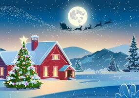 Winter snow landscape and houses with christmas tree. concept for greeting or postal card. background with moon and the silhouette of Santa Claus flying on a sleigh. vector illustration.