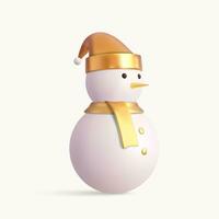 3d cute snowman in gold Christmas hat. Realistic 3d design element In plastic cartoon style. Icon isolated on white background. 3d rendering. Vector illustration