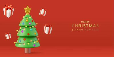 3d Decorative christmas tree with presents. xmas tree, balls, lights and gift box for holiday season celebration. Merry Christmas and Happy New Year.3d rendering. Vector illustration