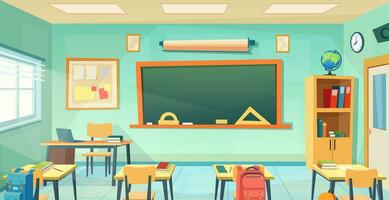 Empty school classroom cartoon . Back to school design template. Education concept. college or university training room with chalkboard, table, desks, chairs. Vector illustration in a flat style