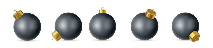 3d set of glass black Christmas ball Isolated on white background. New year toy decoration. Holiday decoration element. 3d rendering. Vector illustration