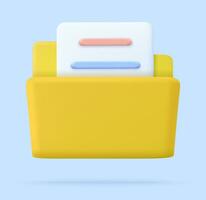 yellow portfolio folder 3d icon. Information plastic file with documentation. folder with files, paper icon. File management concept. 3d rendering. Vector illustration