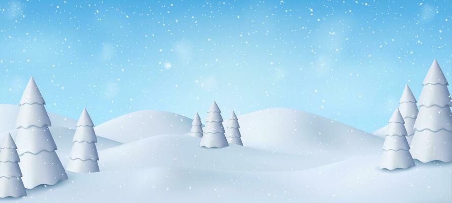 3d Natural Winter Christmas and new year background with blue sky, snowfall, snowflakes, snowdrifts and snowy fir trees.. Winter landscape with falling christmas shining snow. Vector illustration