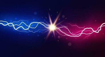 Lightning collision. Powerful colored lightnings, electric forces thunderbolt clash electrical energy sparkling blast, vector versus bright design confrontation concept