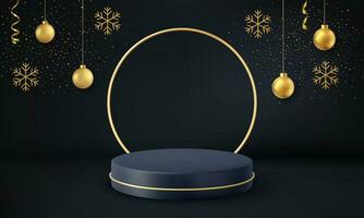 3d Black podium for Christmas display on black background. Realistic black pedestal on Christmas background. vector